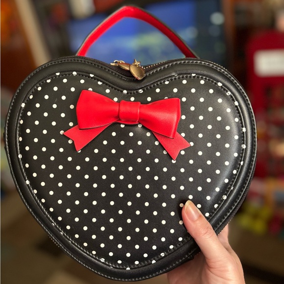 Banned Apparel Handbags - Heart-Shaped Black Polka Dot Retro bag with Red Bow